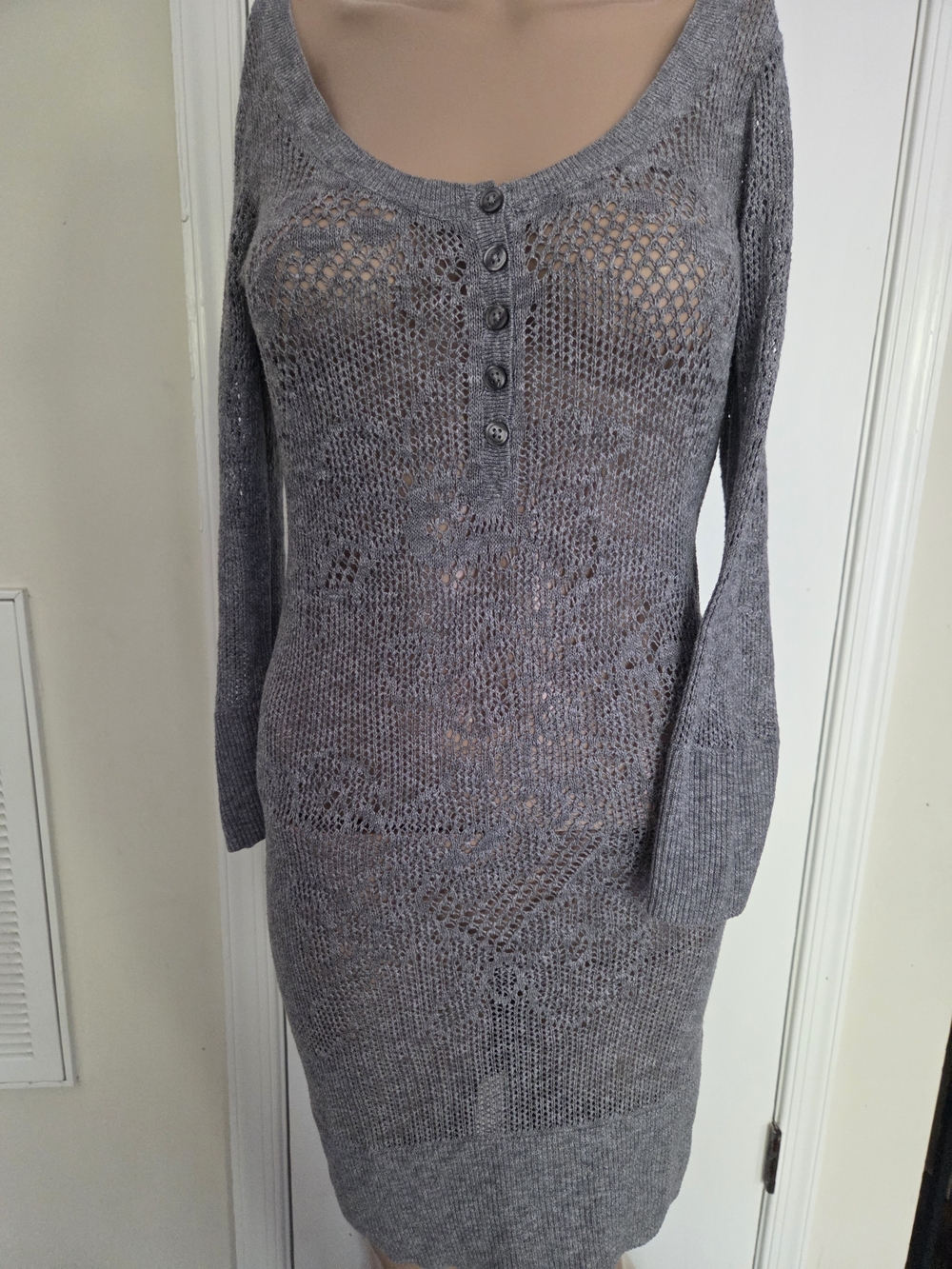 Vintage Y2K AE Pointelle Knit Henley Dress | 90s Grunge Fairy Gray M